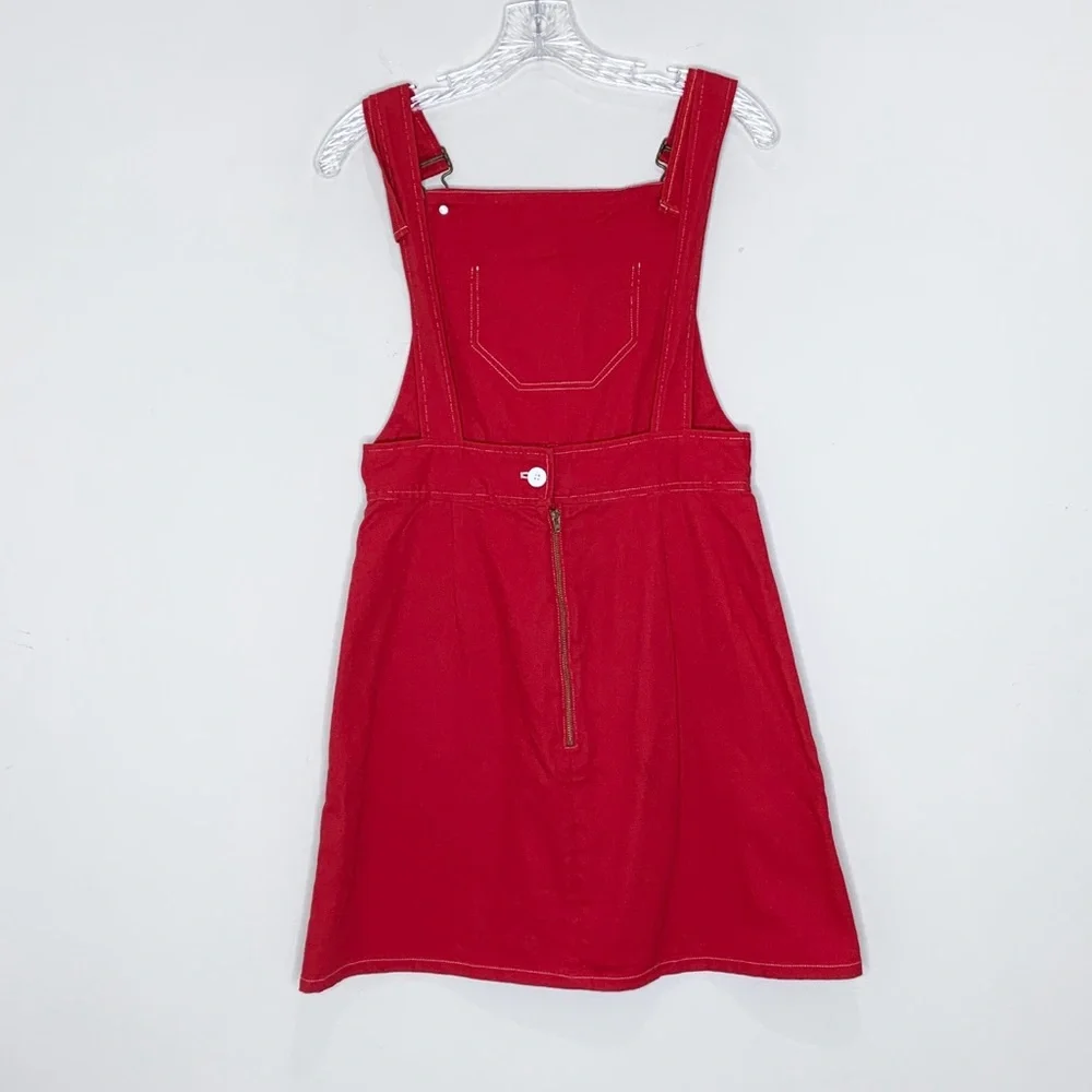 Lykke Wullf Anita Overall Mini Dress (Sz M) A-Line Patch Pocket Red Twill Cotton - Picture 9 of 16